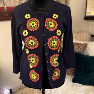 Tabitha Anthropologie Embroidered Soleil Navy Cardigan Sweater M (but fits S)